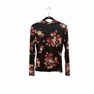 Mesh See Through Floral Long Sleeve Mock Neck Top Size Small